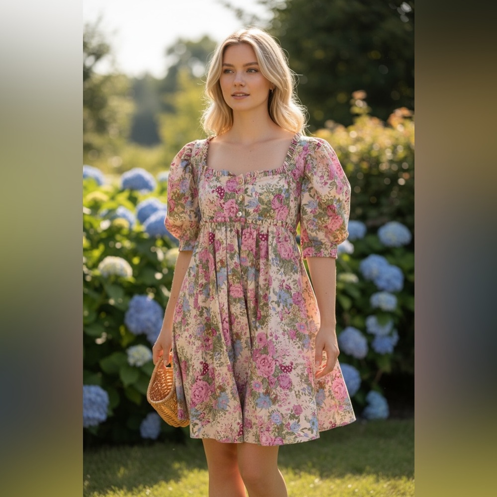 Sofie the Label Floral Square-Neck Puff Sleeve Dress — Soft Pink Floral